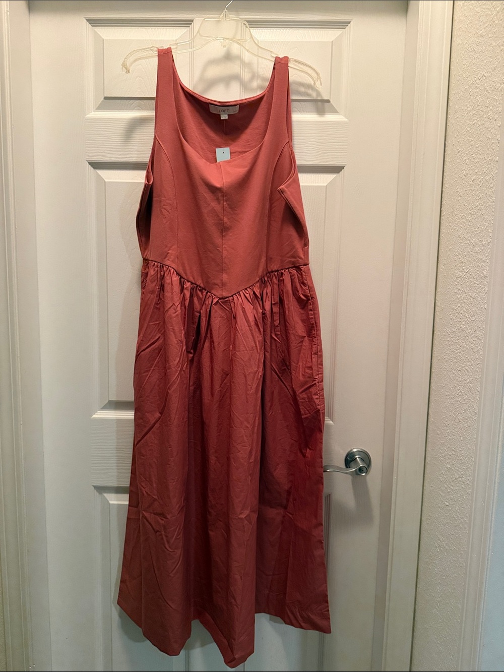 LOFT Bustier Mixed Media Midi Pocket Sleeveless Dress in Grapefruit, Petite XXL